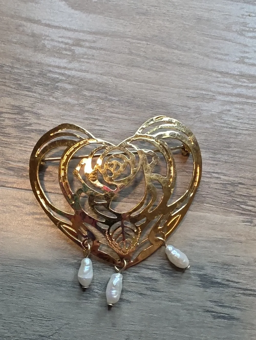 Gold Heart Filigree Brooch with Pearl Drops